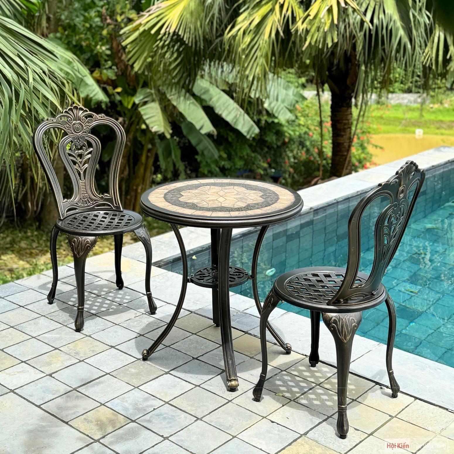 Bộ bàn ghế ban công BG-02M màu nâu bàn mặt đá D60cm